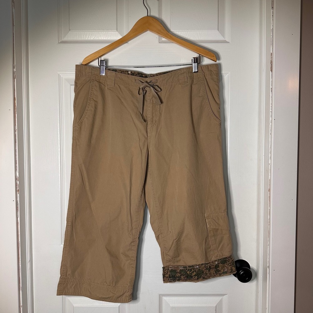 Eddie Bauer Tan Ripstop Cotton Capri Cargo Pants Floral Trim Womens 16 Khaki